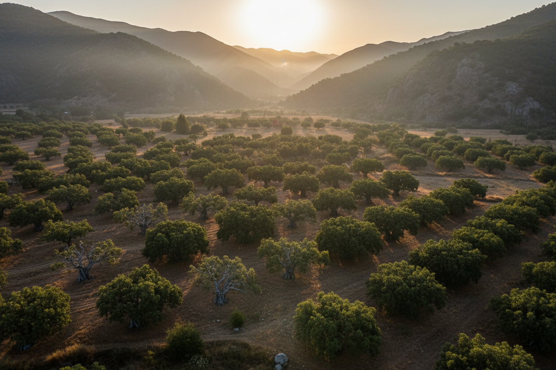 Aerial view of ancient Aegean fig orchards near İzmir Türkiye at golden hour — premium Turkish dried figs wholesale USA — Benjamin's Gardens