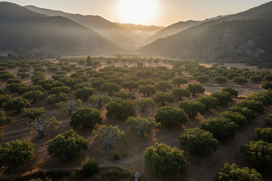 Aerial view of ancient Aegean fig orchards near İzmir Türkiye at golden hour — premium Turkish dried figs wholesale USA — Benjamin's Gardens