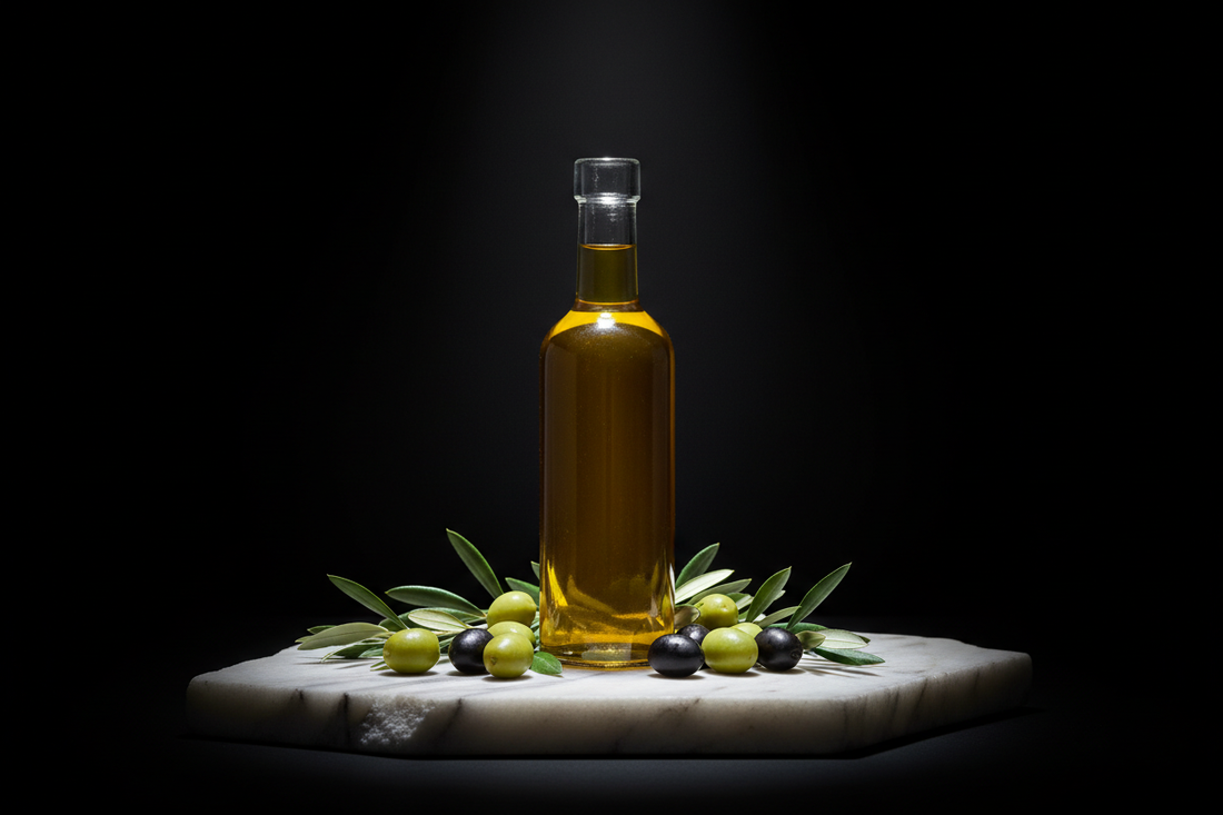 Premium Aegean extra virgin olive oil bottle on marble — Benjamin's Gardens single-origin olive oil export to EU, GCC, USA