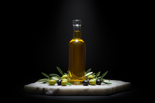 Premium Aegean extra virgin olive oil bottle on marble — Benjamin's Gardens single-origin olive oil export to EU, GCC, USA