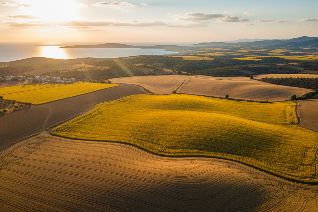 Aerial view of golden Aegean fields at harvest time — Benjamin's Gardens