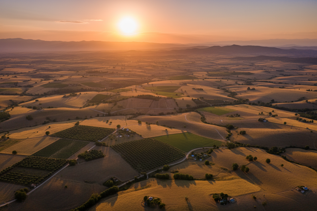 Aerial view of vast Anatolian agricultural landscapes at golden hour — Türkiye the world's greatest food producer — Benjamin's Gardens