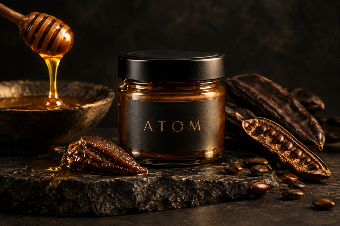 ATOM conceptual premium jar presentation with honey and carob ingredients, not final packaging