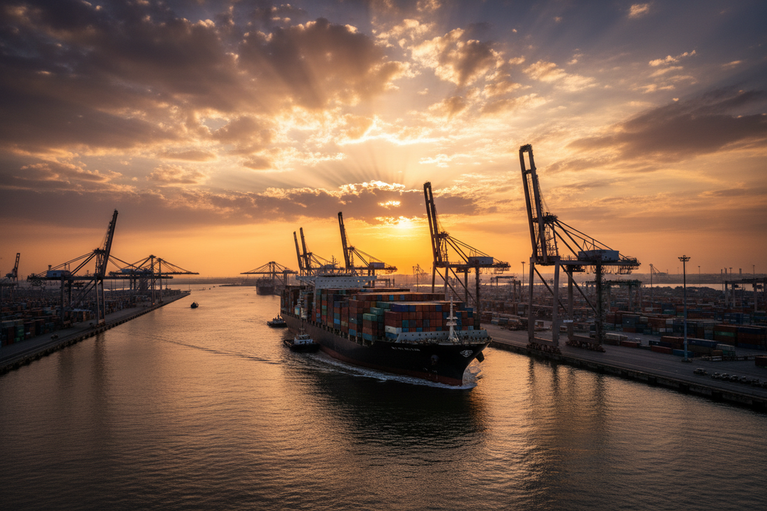 Turkish food cargo arriving at European port at golden sunset — how to import Turkish food to the EU 2026 complete guide — Benjamin’s Gardens
