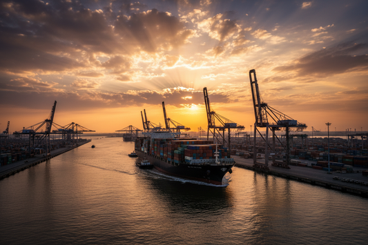 Turkish food cargo arriving at European port at golden sunset — how to import Turkish food to the EU 2026 complete guide — Benjamin’s Gardens