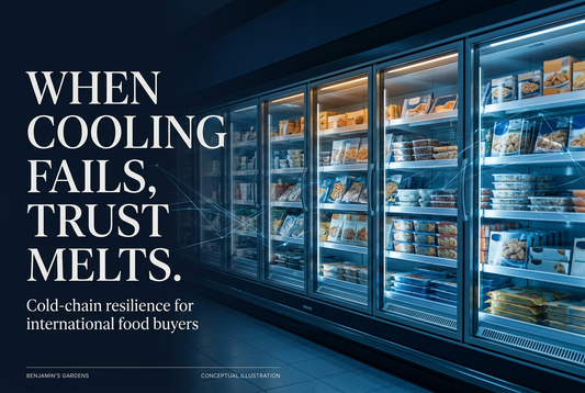 Conceptual Benjamin’s Gardens banner showing a refrigerated supermarket aisle with the headline When cooling fails, trust melts.