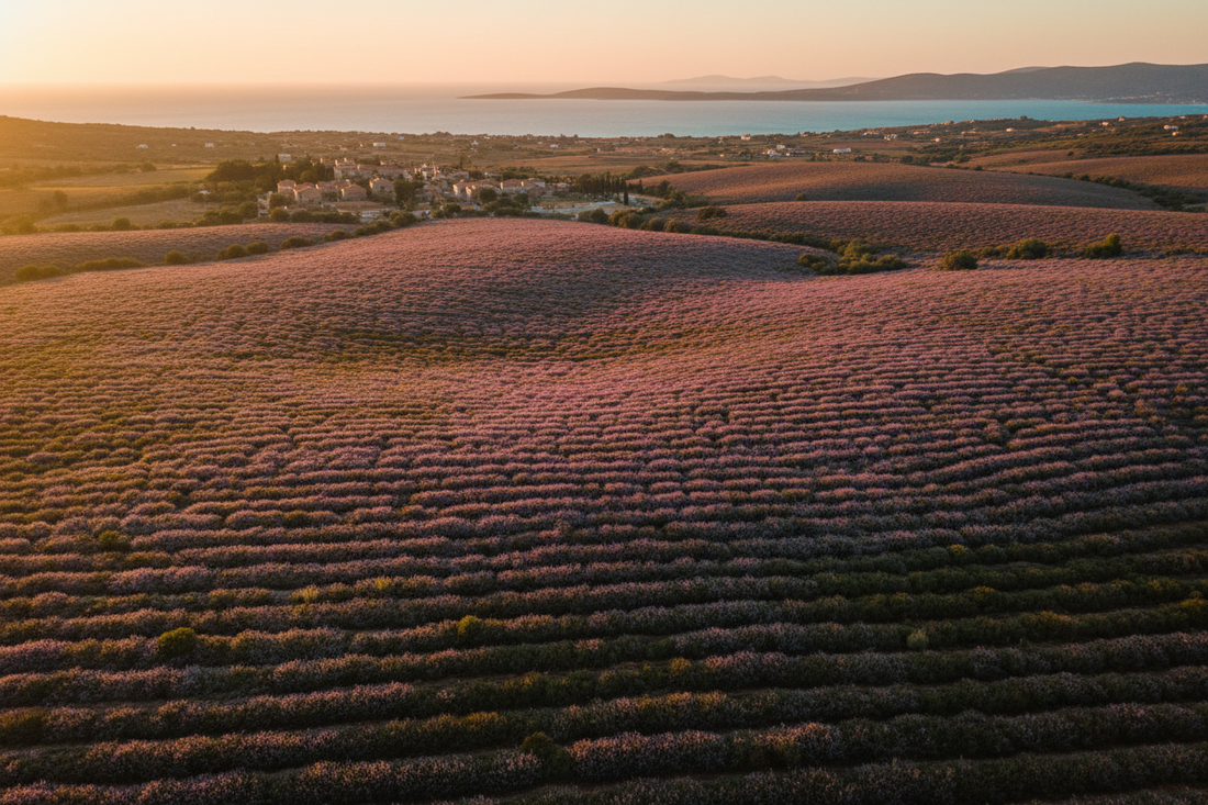 Aegean thyme fields at golden hour — Benjamin's Gardens