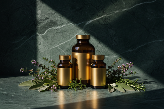 Premium certified supplement bottles with European botanical herbs on dark green marble