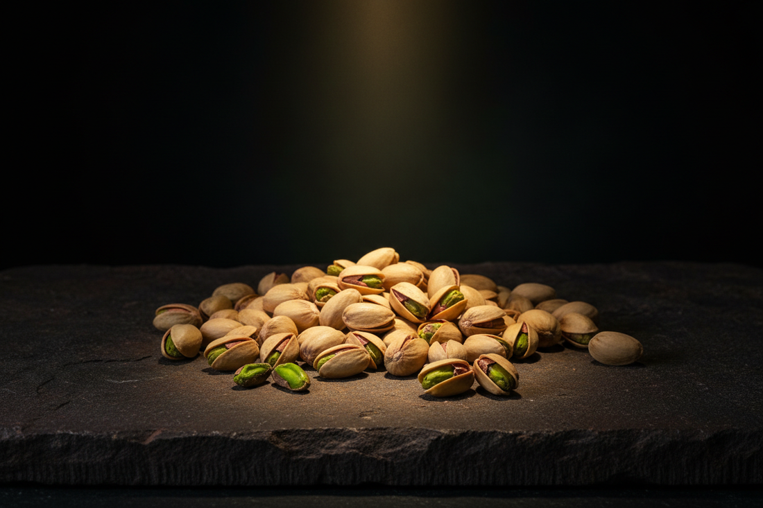 Gaziantep pistachios on ancient dark stone surface — Benjamin's Gardens premium artisan food