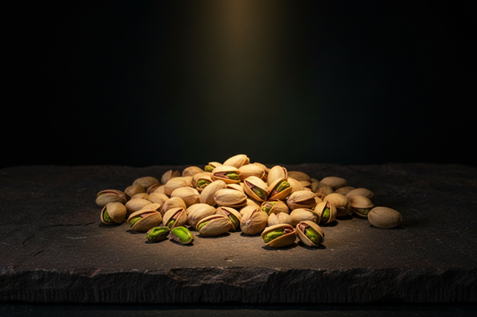 Gaziantep pistachios on ancient dark stone surface — Benjamin's Gardens premium artisan food