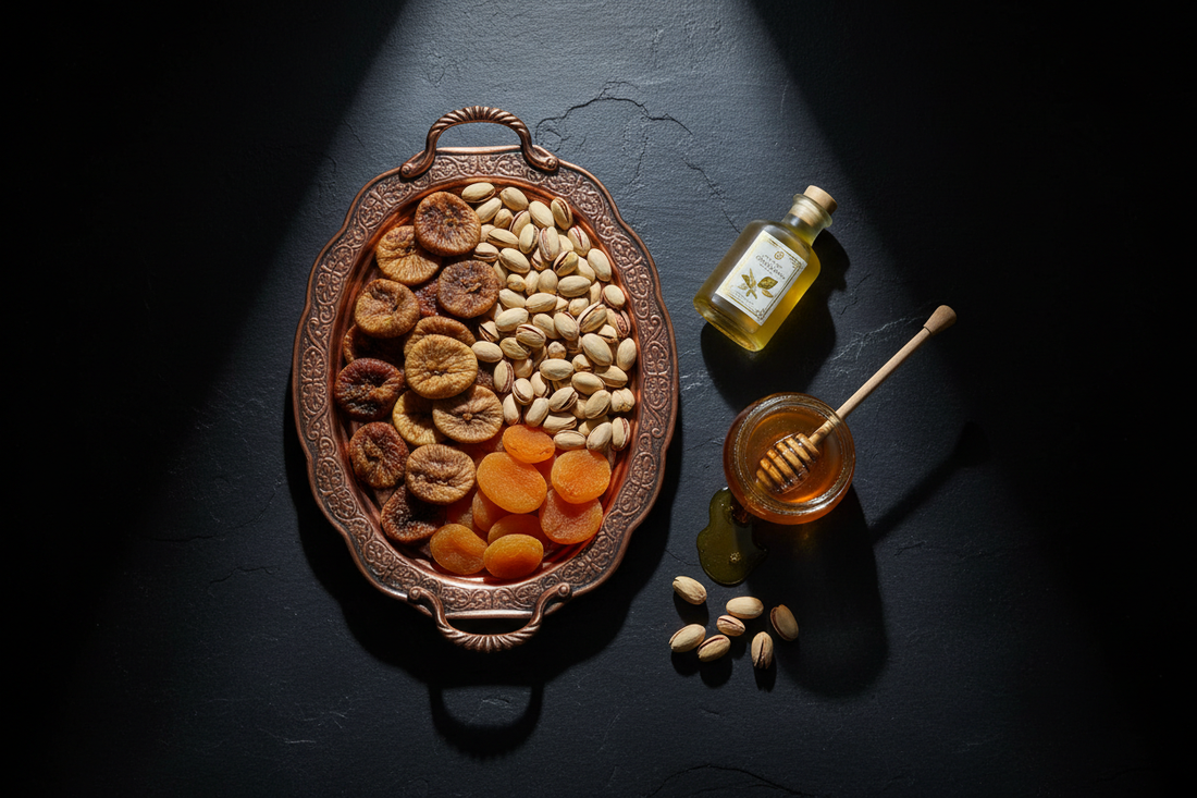 Handcrafted Turkish copper tray with premium Gaziantep pistachios, dried figs, and olive oil — Benjamin's Gardens luxury gift hamper