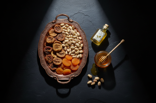Handcrafted Turkish copper tray with premium Gaziantep pistachios, dried figs, and olive oil — Benjamin's Gardens luxury gift hamper