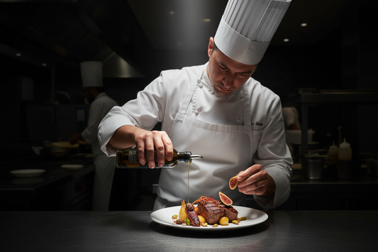Executive chef plating premium Turkish ingredients — olive oil, sumac, dried figs, pistachios — HORECA sourcing guide Benjamin's Gardens