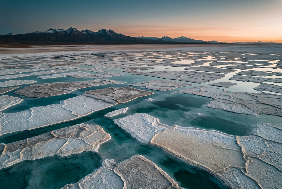 AI-generated conceptual salt-flat landscape with turquoise water and distant mountains at sunrise, illustrating lithium sourcing.