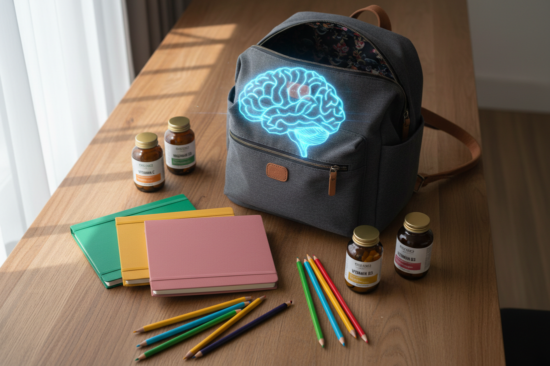 Okul çantası ve takviye ürünleri flat lay — beyin gelişimi için vitamin kombinasyonu