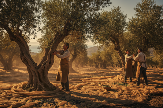 Olive harvest in Aegean Turkey — workers hand-picking olives from ancient trees at golden hour