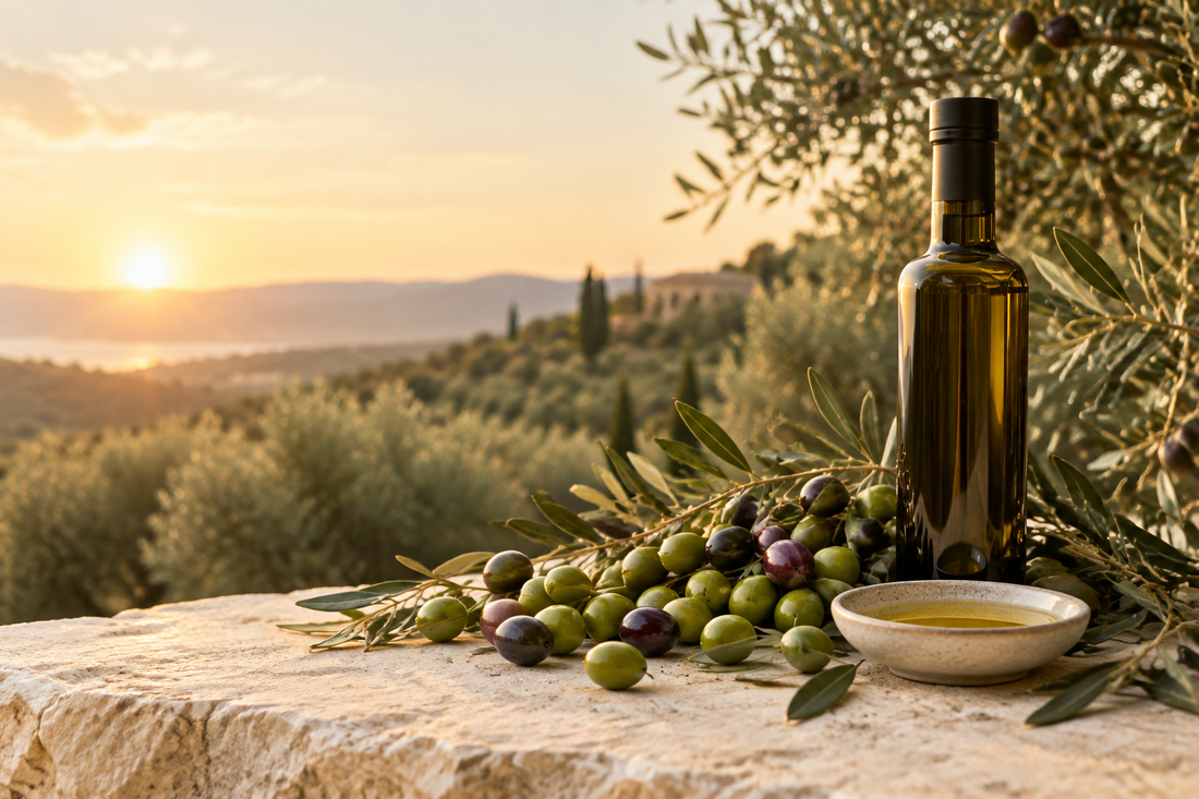 Dark olive oil bottle, green and purple olives and a dish of golden oil overlooking an olive grove at sunset.
