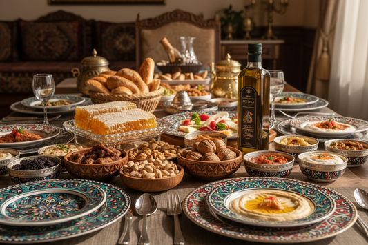 Premium Turkish sofra table with dried fruits, olive oil, artisan bread and cheese — Benjamin's Gardens