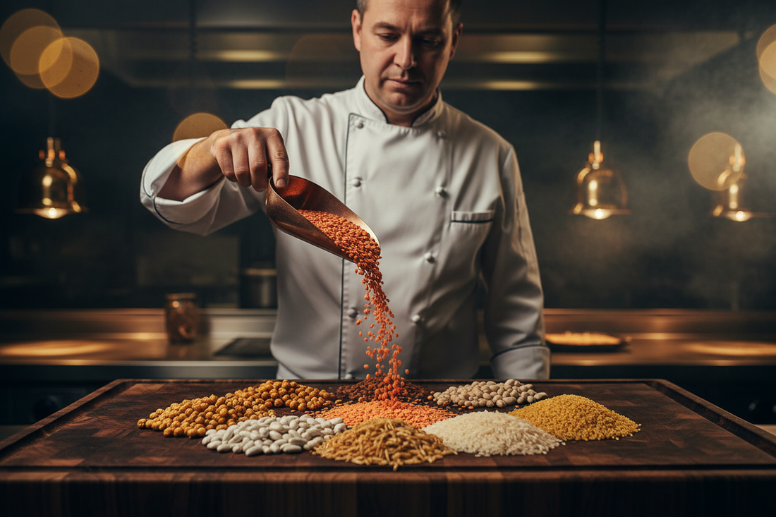 Executive chef pouring red split lentils from a copper scoop beside arranged mounds of chickpeas, white beans, rice and bulgur in a five-star hotel kitchen — premium HORECA wholesale export from Türkiye by Benjamin's Gardens