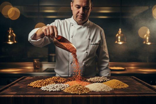 Executive chef pouring red split lentils from a copper scoop beside arranged mounds of chickpeas, white beans, rice and bulgur in a five-star hotel kitchen — premium HORECA wholesale export from Türkiye by Benjamin's Gardens