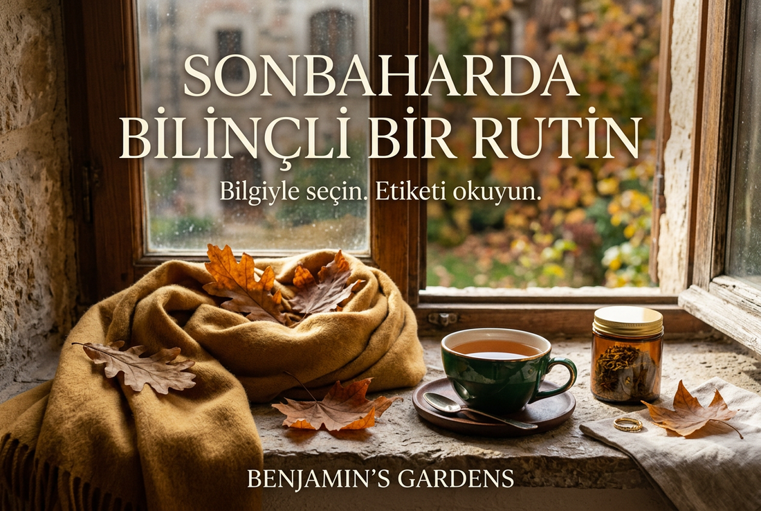 Sonbahar yaprakları ve atkıyla hazırlanan Benjamin’s Gardens Sonbaharda Bilinçli Bir Rutin bannerı.