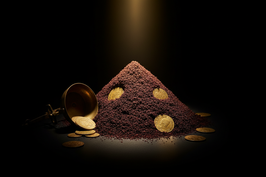 Urfa biber isot pepper with ancient gold coins and balance scale — the spice worth more than gold — Benjamin's Gardens wholesale