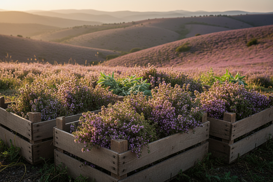 Wild thyme fields in the Aegean region of Türkiye — key botanical raw material for private label supplements