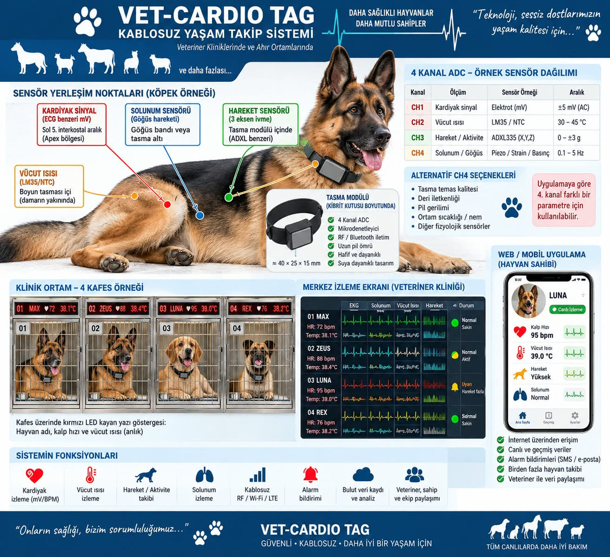 Vet-Cardio Tag kablosuz yaşam takip sistemi: köpek üzerinde kardiyak, solunum, hareket ve vücut ısısı sensör noktaları, 4 kanal sensör tablosu, klinik izleme ekranı ve mobil uygulama