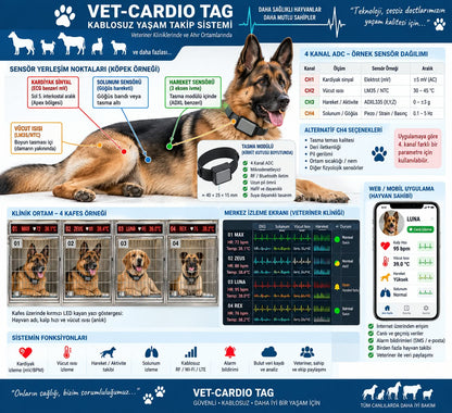 Vet-Cardio Tag kablosuz yaşam takip sistemi: köpek üzerinde kardiyak, solunum, hareket ve vücut ısısı sensör noktaları, 4 kanal sensör tablosu, klinik izleme ekranı ve mobil uygulama