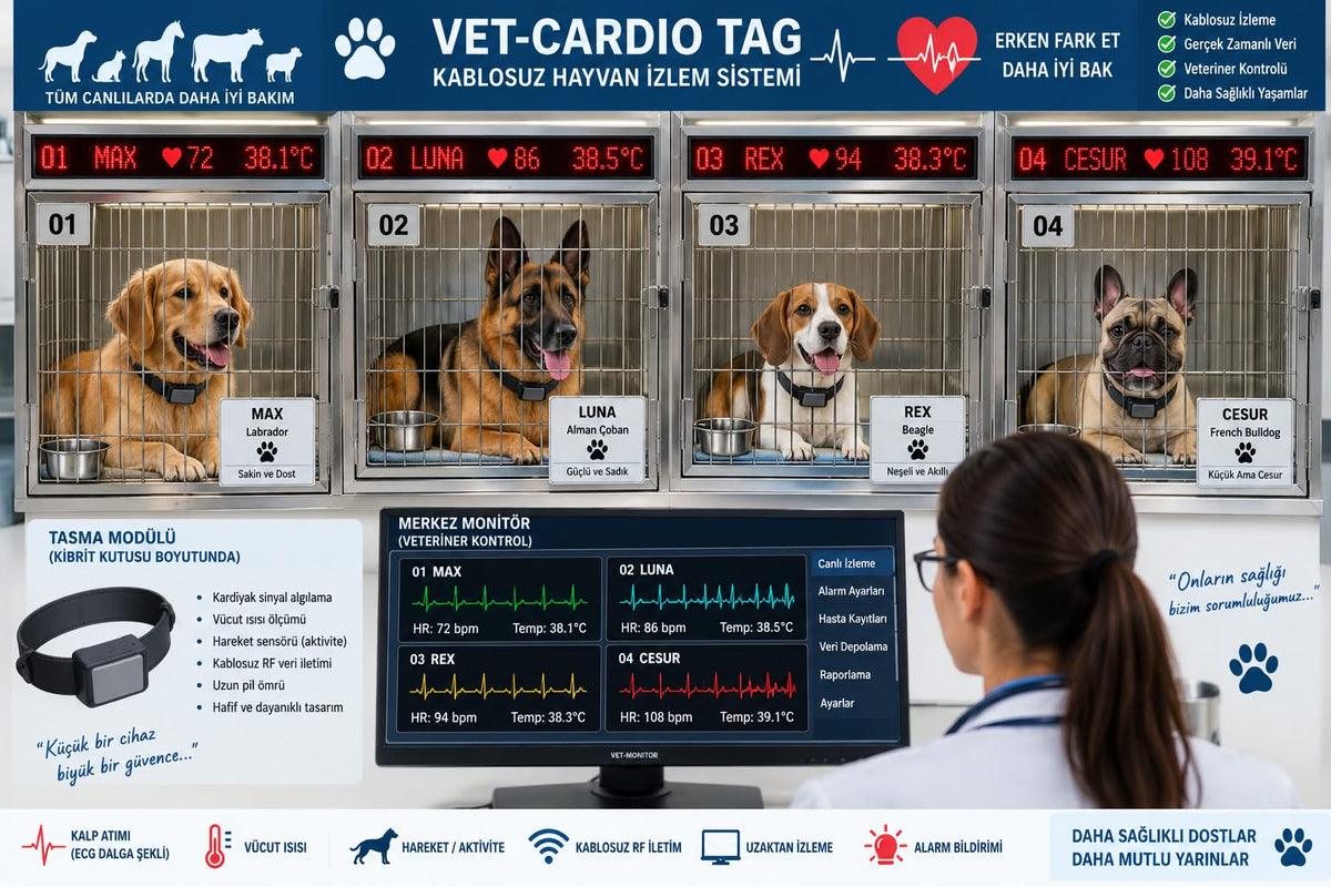 Veteriner kliniğinde dört kafeste Vet-Cardio Tag takılı köpekler, kafes üstü LED göstergede kalp hızı ve ısı, merkezi monitörü izleyen veteriner hekim