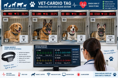Veteriner kliniğinde dört kafeste Vet-Cardio Tag takılı köpekler, kafes üstü LED göstergede kalp hızı ve ısı, merkezi monitörü izleyen veteriner hekim