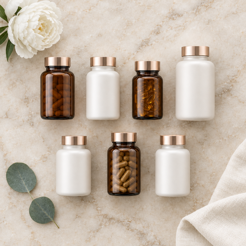 Glow Ultra Elite Güzellik Protokol Seti'nin yedi takviyesi mermer yüzeyde düzenli flatlay sunumu — Benjamin's Gardens