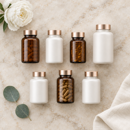 Glow Ultra Elite Güzellik Protokol Seti'nin yedi takviyesi mermer yüzeyde düzenli flatlay sunumu — Benjamin's Gardens