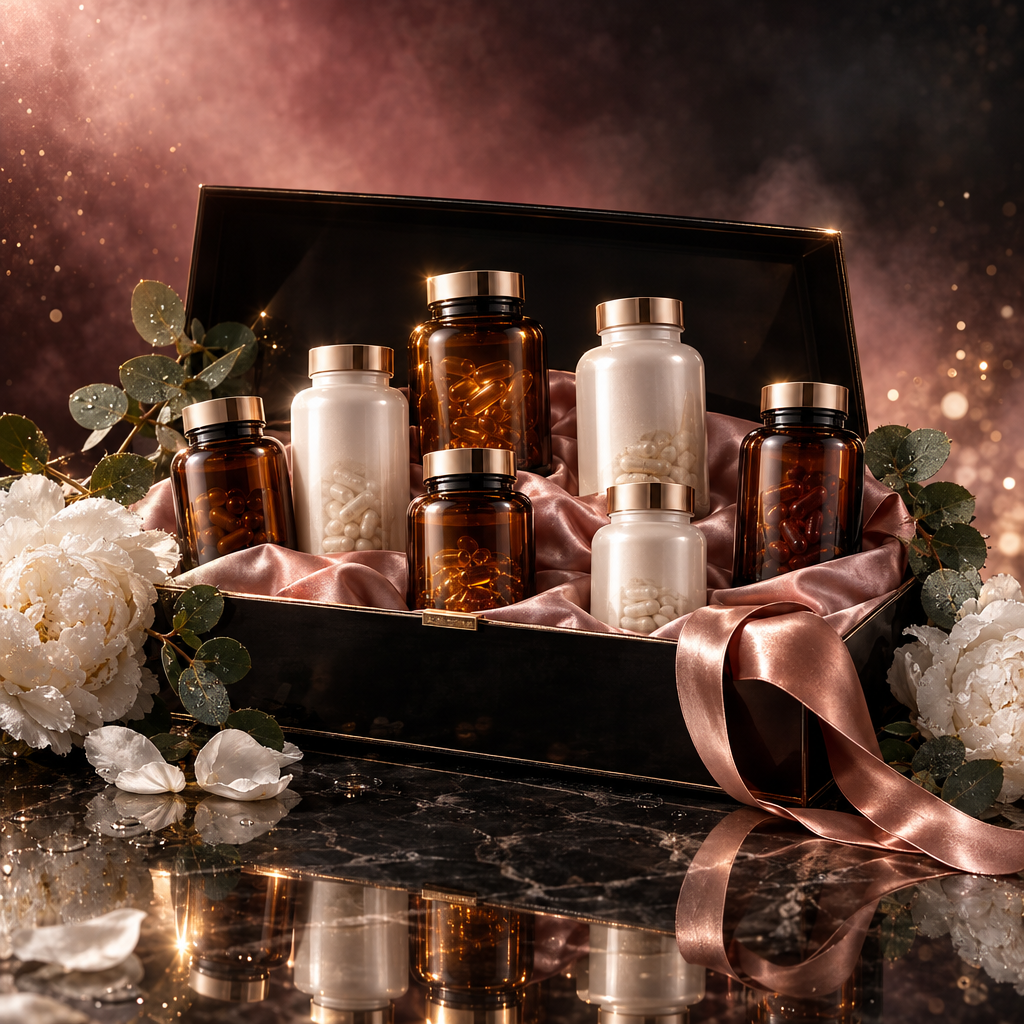 Glow Ultra Elite Güzellik Protokol Seti — 7 premium takviye, ipek astarlı siyah hediye kutusunda lüks sunum, Benjamin's Gardens